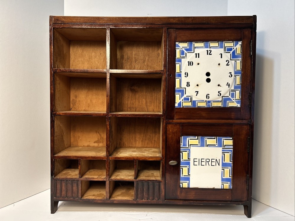 Dutch Delft Antique Wall Hanging Wooden Spice Cabinet Ceramic Clock Needs Parts
