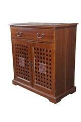 Vintage Indonesian Mahogany Lattice Carved Cupboard Buffet Server Drybar