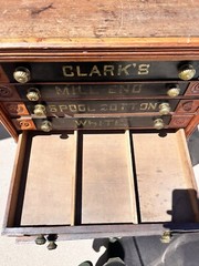 Antique Clark’s Mile End Spool Cotton Cabinet With Embossed Tin