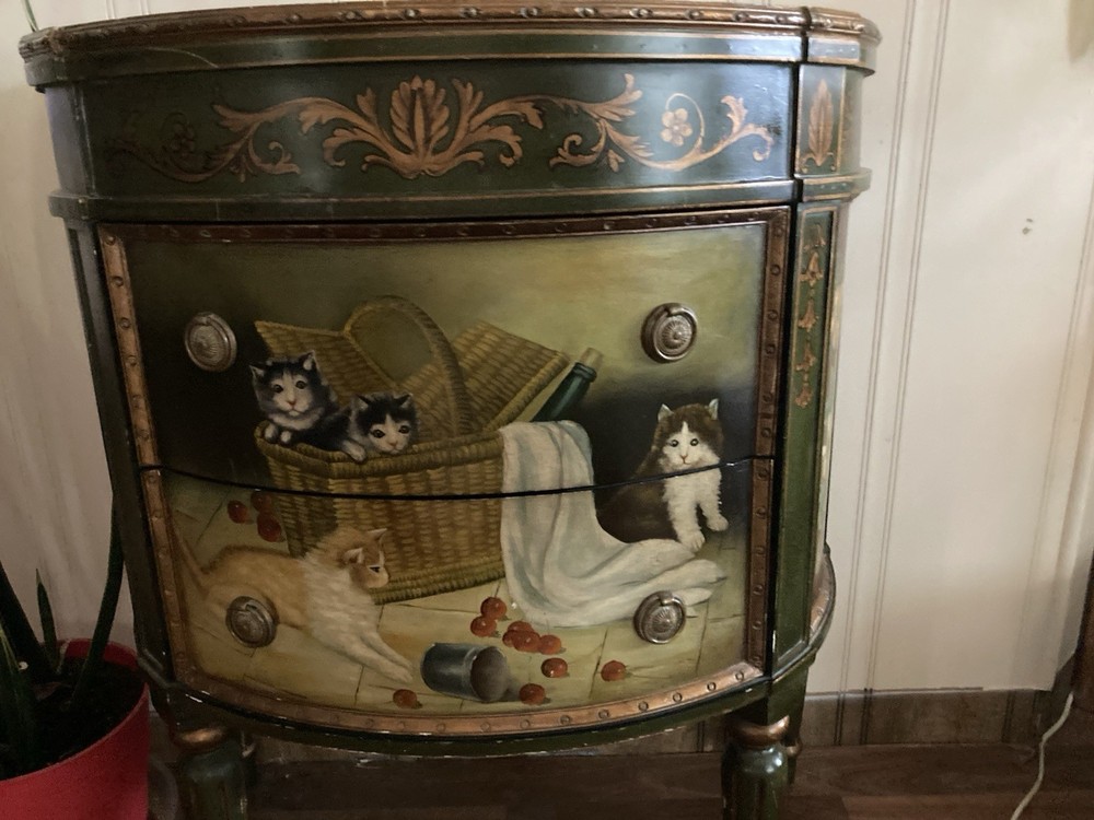 Hand Painted Antique Wood Bedside Cabinet Green Gold Cat Floral Motif 2 Drawers