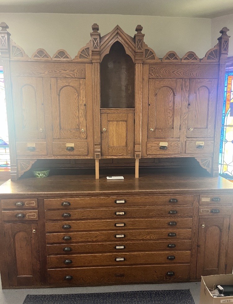 Antique Vestment Cabinet Case Carved Wood Gothic Style Oak from Catholic Church