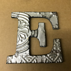 Decorative Salvaged Tin Ceiling 8″ Patchwork Shabby Silver Letter E Old 203-26B
