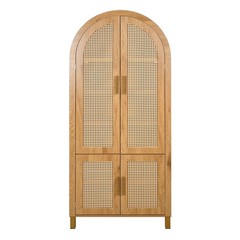 71″ Tall Rattan Cabinet, Arched Doors Adjustable Shelves, Farmhouse Oak