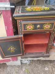Antique Hand-Painted Floral Wood Cabinet w/ Drawer Door Shelf Black/Red 50x48x16