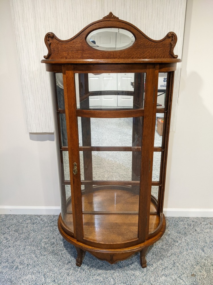 Antique English Oak Half-Round Curved Curio Display Cabinet *Missing Glass Panel