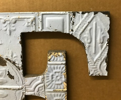 Decorative Salvaged Tin Ceiling 16″ Patchwork Shabby Blue Letter F Old 221-26B