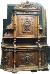 Heavily Carved Walnut Antique Sideboard, Buffet, Cabinet with Curved Sides
