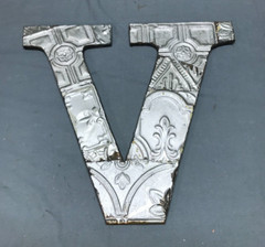 Decorative Salvage Tin Ceiling 16″ Patchwork Silver Metal VTG Letter V 1800-24B