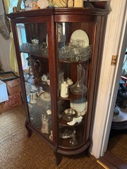 Antique Oak Bow Side/Flat Front Door;Wooden Shelves China Cabinet