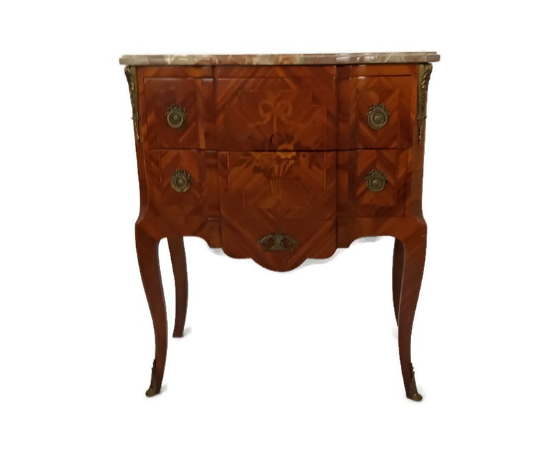 Cabinet Wood Marble top Inlay Marquetry Brass Trims Commode end table vintage WO