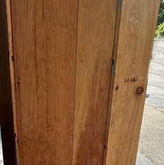 D. R. Dimes country pine open top corner cupboard. Single raised panel door with