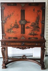 Cabinet on Stand, Chinoiserie, Japanned, Console Base China, Asian, Walnut,66″t