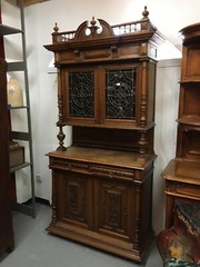 Beautiful Large Oak European Hutch Stained Glass Doors Carved Cupboard Antique