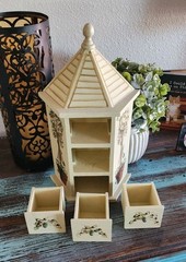 Vtg Wooden Trinket Jewelry Box Cabinet Tole Painted Topiary Cottagecore
