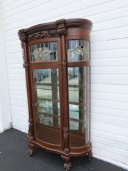 Late 1800s Large Tall Tiger Oak Leaded Stain Glass Curio Cabinet Cupboard 6573