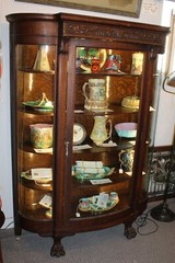 Antique Oak Curved Glass China Cabinet – Large Carved Claw Feet