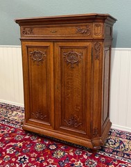 Antique French Double Door Cabinet Cupboard Carved Honey Oak Drawer early 20th