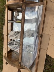 Vintage Oak Curio Cabinet with 3 Glass Shelves Lights Curved Glass late 40s 50s