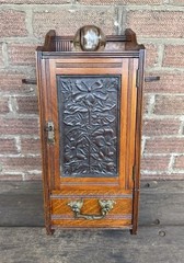 Antique Edwardian Oak Wall Hanging Smokers Cabinet & Original Glass Match Holder