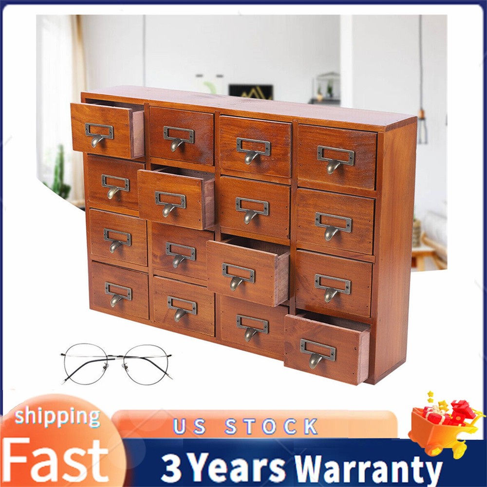 16 Drawers Vintage Tabletop Library Card Catalog Cabinet Apothecary Storage Box.