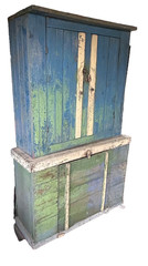 Primitive 2pc Step Back Wall Cupboard Blue & Green Patina Pickup 61103