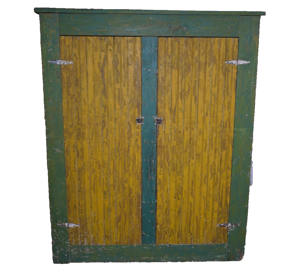 Antique Primitive Pie Safe Kitchen Cupboard Green Yellow Jelly Cabinet Pantry