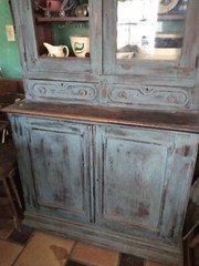 Antique Country Farmhouse Old Blue Milk Paint 2 Piece Step Back Cabinet Cupboard