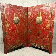 Pair Antique Red Lacquer Chinoiserie 2 Part Wedding Cabinet Armoires