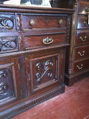 19th C OAK SERVER with MIRRORED and BEVELED GLASS TOP