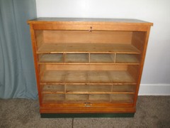 FRENCH Tambour Fronted ANTIQUE Tiger Oak Green Leather Top Filing Cabinet