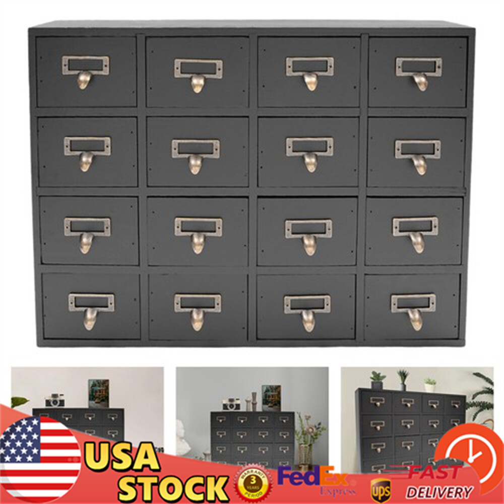 Card Catalog Desk Drawer Organizer – Wooden Storage Box With 16 Drawers – Home