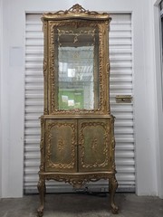 Antique French Rococo Baroque Louis XV Gold Curio Cabinet Glass Doors Carvings