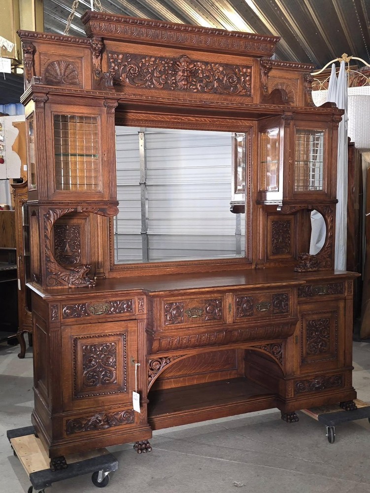 Antique Highly Carved Victorian Oak Sideboard – original finish