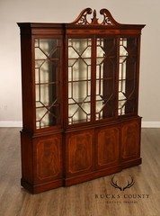 China Cabinet Display Bookcase with Carved Pediment and Silk Backing