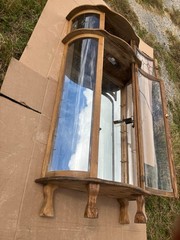 Vintage Oak Curio Cabinet with 3 Glass Shelves Lights Curved Glass late 40s 50s
