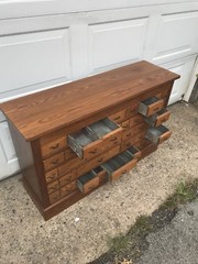Multi Drawer Antique Oak Store Parts Cabinet 45 In. Wide