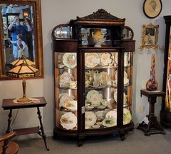 Antique Oak China Cabinet – Griffons supported canopy – original finish