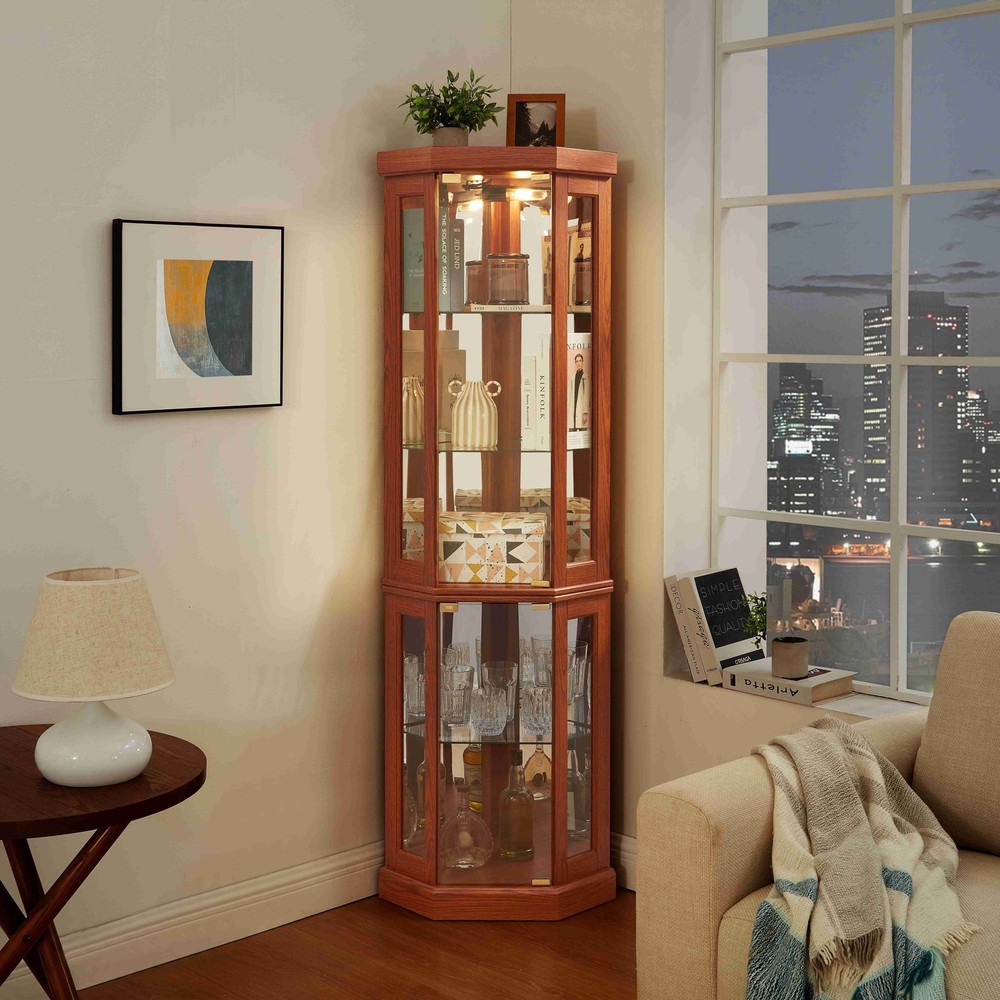 5-Tier Lighted Curio Cabinet Glass Corner Display Cabinet w/ Display Light Bulb