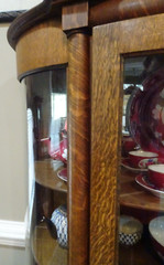 Antique Tiger Oak Curved Glass 2 Pilliar Curio China Cabinet 5 Shelves