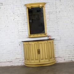 Vintage Neoclassic Revival Blonde Oak Demilune Cabinet or Console and Mirror