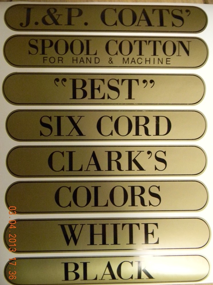 J & P COATS SPOOL CABINET DECALS 8 PIECE SET / Black on Gold 10 1/4 X 1 5/8