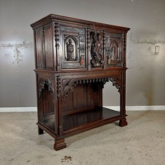 French Antique Gothic Oak Cabinet on Stand w/ Saint George & Religious Carvings
