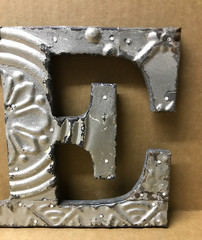 Decorative Salvaged Tin Ceiling 8″ Patchwork Shabby Silver Letter E Old 203-26B