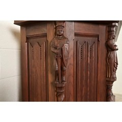 Antique French Gothic Revival Oak Bar Cabinet With Carved Figures, Circa 1890s