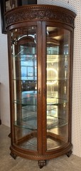 Antique Oak Corner Curio China Cabinet Beveled Glass Carved 80.75″ with Casters