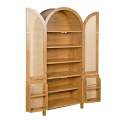 71″ Tall Rattan Cabinet, Arched Doors Adjustable Shelves, Farmhouse Oak