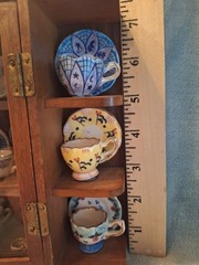 Antique Wood Mini Curio Cabinet Filled With Vintage Miniture Tea Cups & Saucers