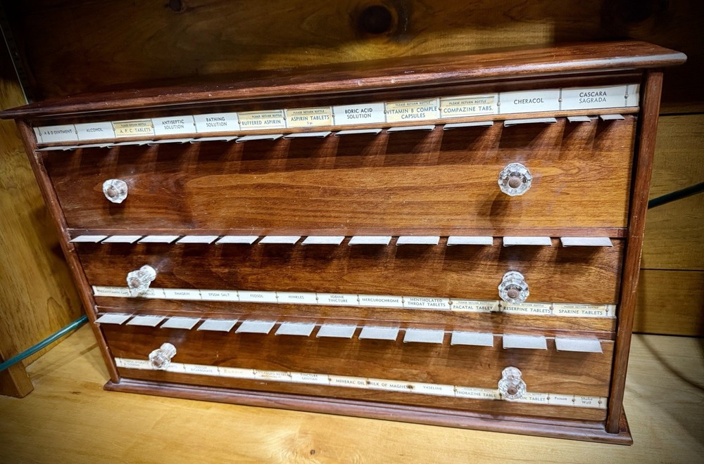 Antique Apothecary Cabinet Wood Multi-Drawer Glass Pulls Medical WITH LABELS