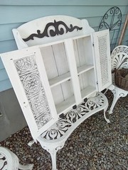 Vintg White Wood Medicine Wall Cabinet Hammered Decorative Tin Doors Oversized
