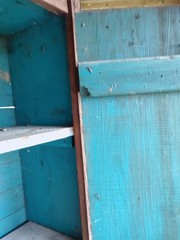 Antique Wood Cabinet 30x12x50 Brown/Blue Turquoise Interior, 2 Doors 4 Shelves